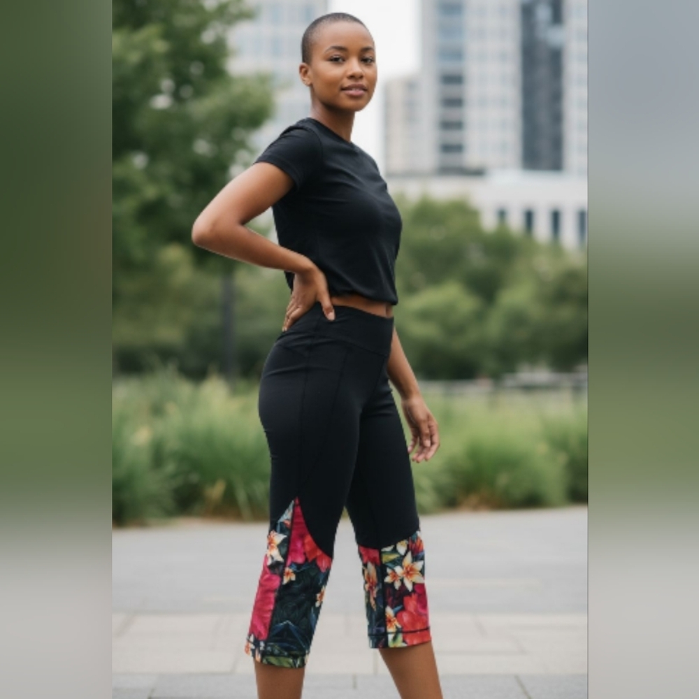 Floral Trim Black Cropped Pants. Medium